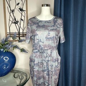 Casual Camo Drawstring Midi Dress - Blue Gray